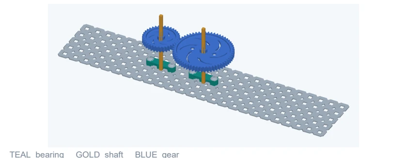 A supported gear assembly rendered from the app CAD models. Colors help separate the parts.